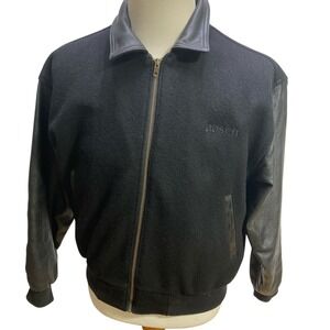 VTG‎ ID Wear Bosch Wool Leather Bomber Jacket Mens Zip Black Varsity Letterman